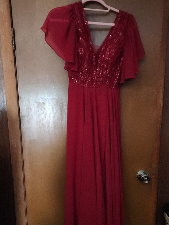 Dresses & Skirts - Red Sequin V-Neck Evening Dress with Flutter Sleeves